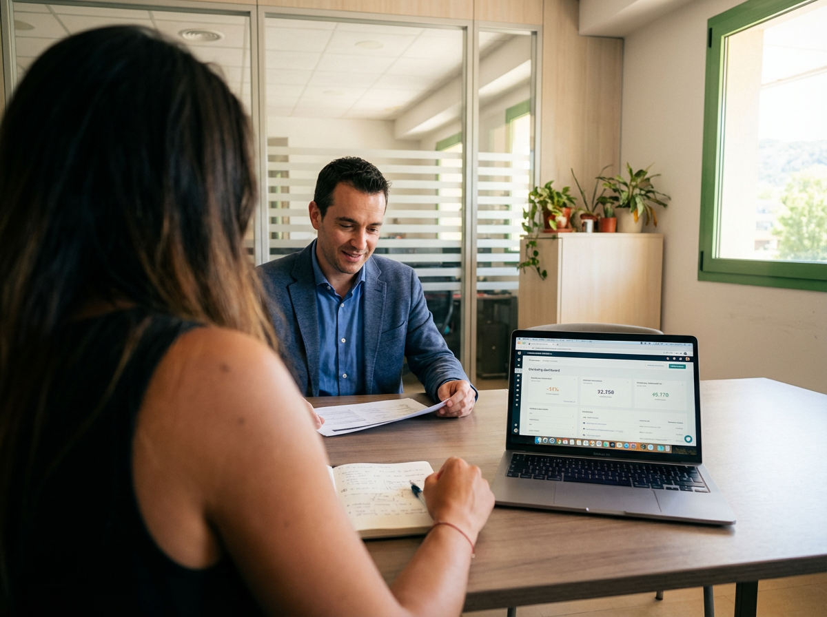 Collaborazione continuativa: meeting trimestrale in studio con cliente — lavagna o monitor con piano annuale, atmosfera di partnership.