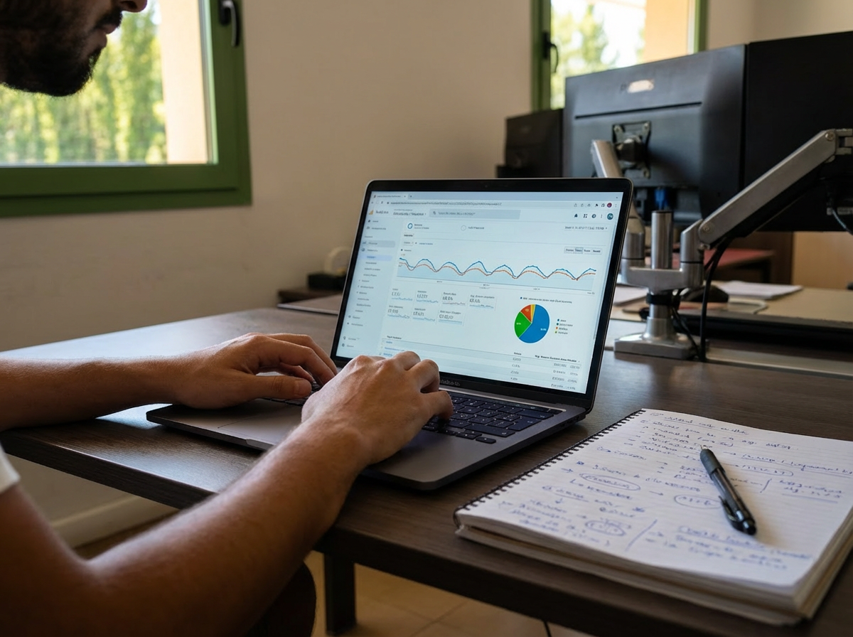 Diagnosi: laptop aperto su Analytics o documento PDF con highlight a mano. Mani in primo piano, scrivania reale.