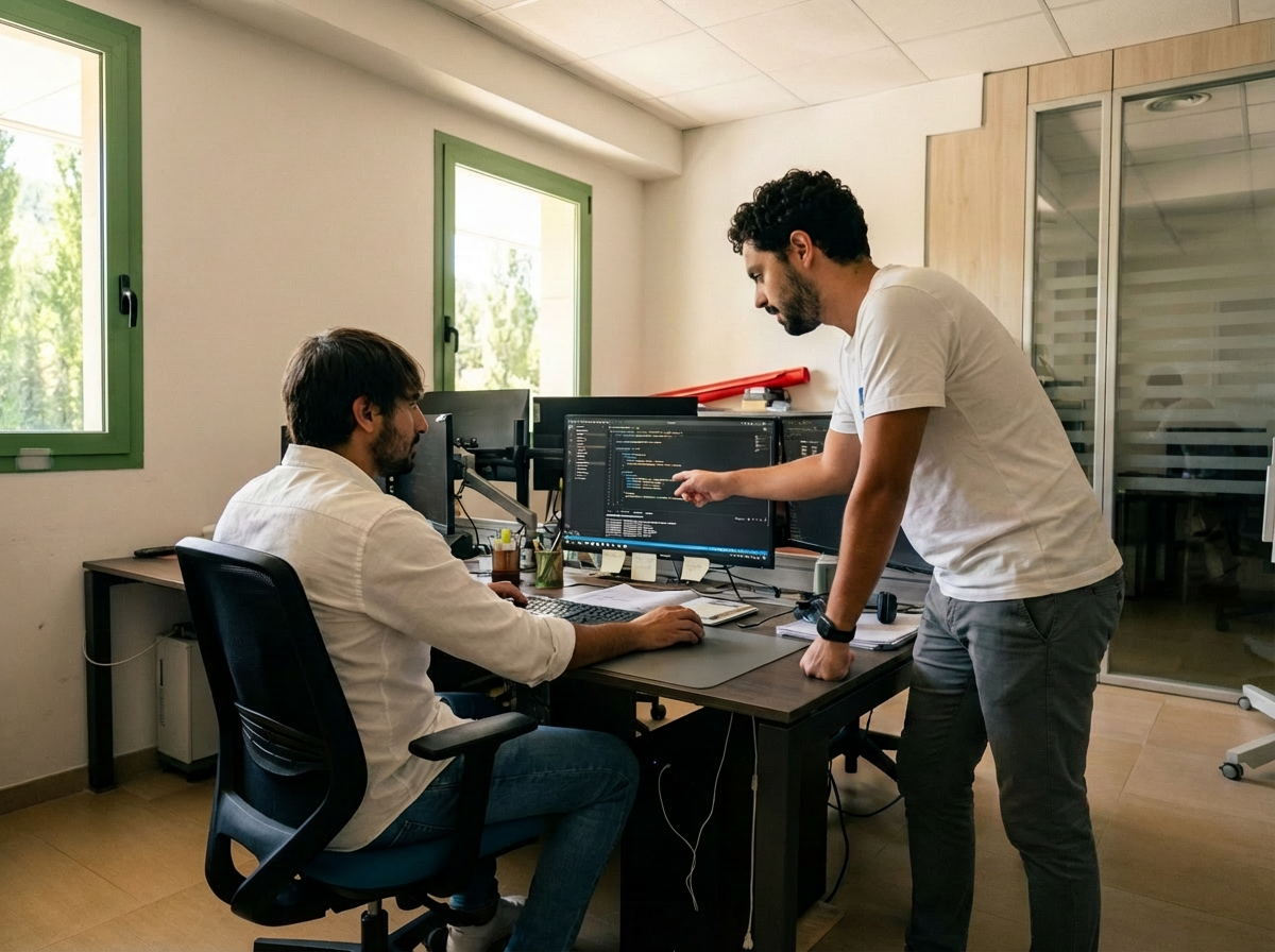 Pilota in corso: due persone davanti a un monitor che rivedono una dashboard / wireframe. Discussione attiva, non posata.